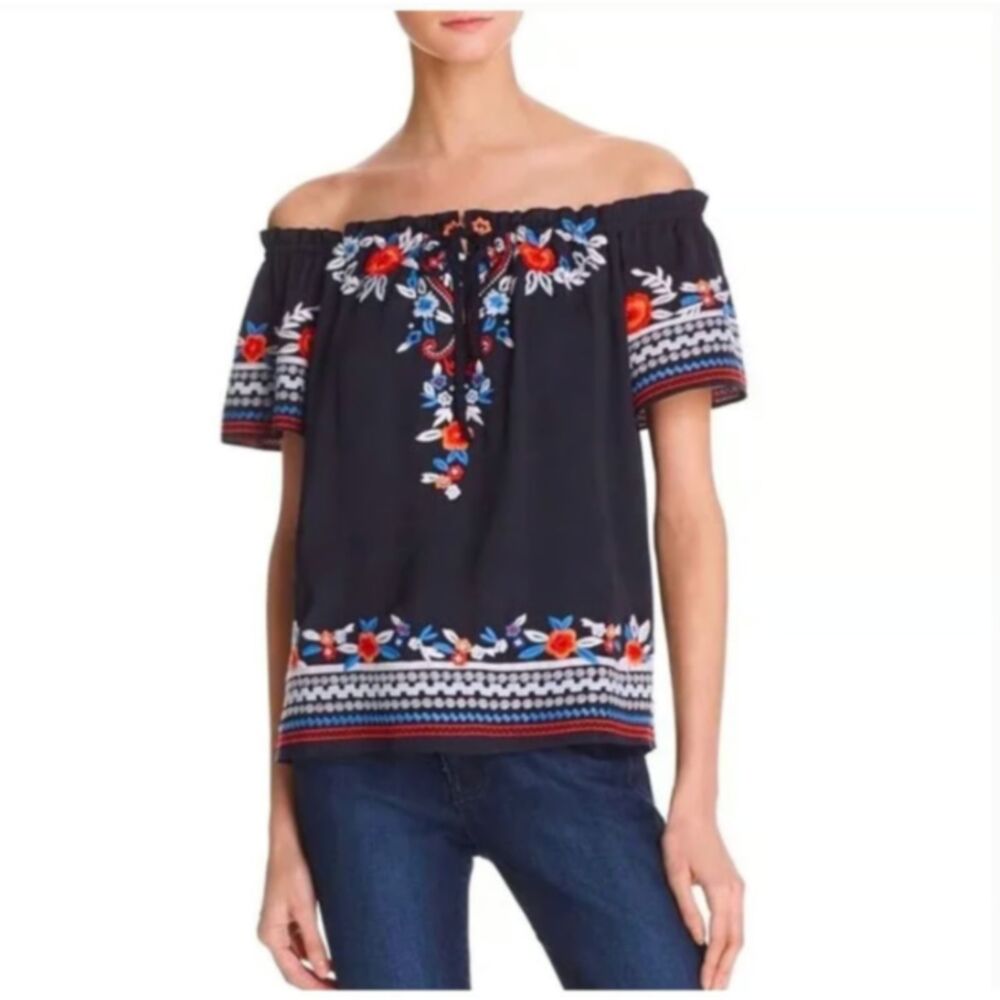 Parker Ariel Floral Embroidered Blouse Women M Boho Fiesta Navy Off-The-Shoulder